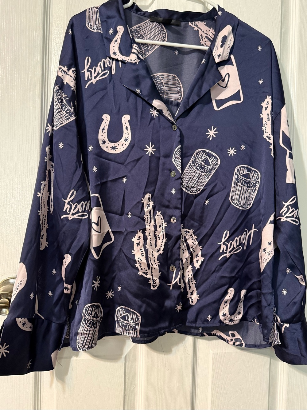 Women's Navy Satin Button-Front Pajama Top with Pale Pink Western Motif